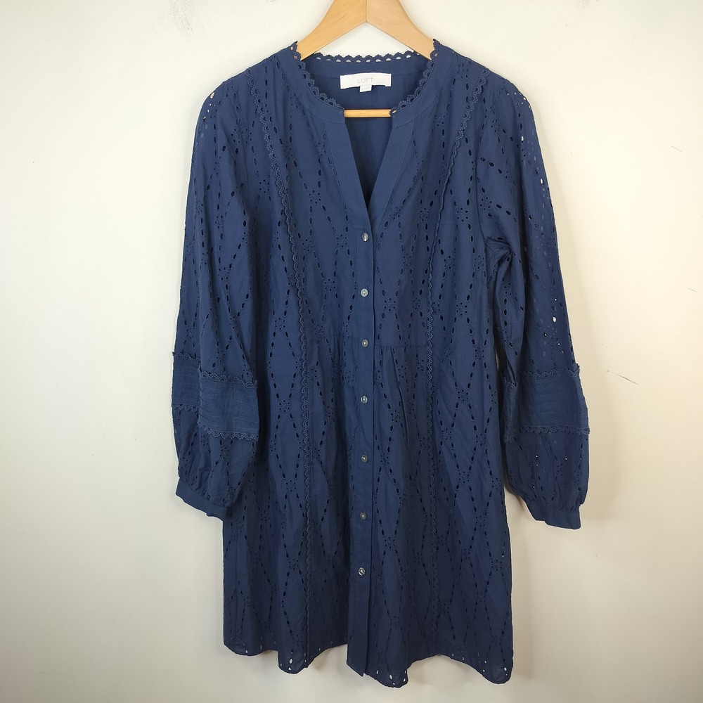 LOFT Eyelet Shirt Dress Medium Button Front Baloon Sleeve Navy Cotton